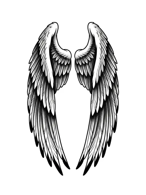Black and grey illustrative angel wings tattoo design