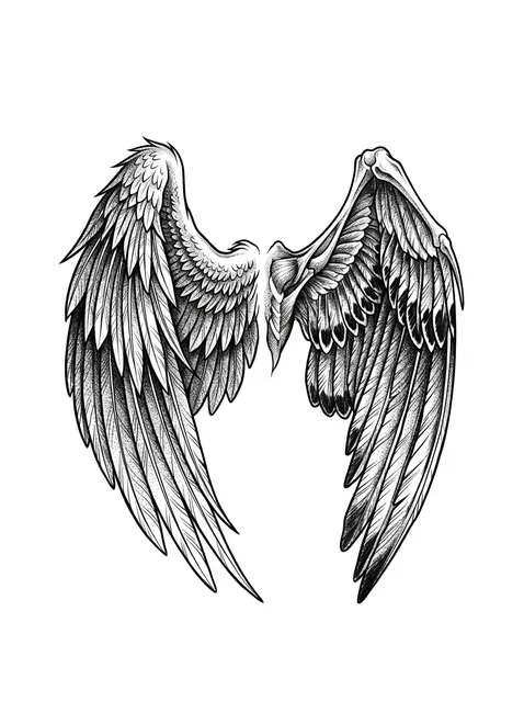 Black and grey illustrative angel wings tattoo design