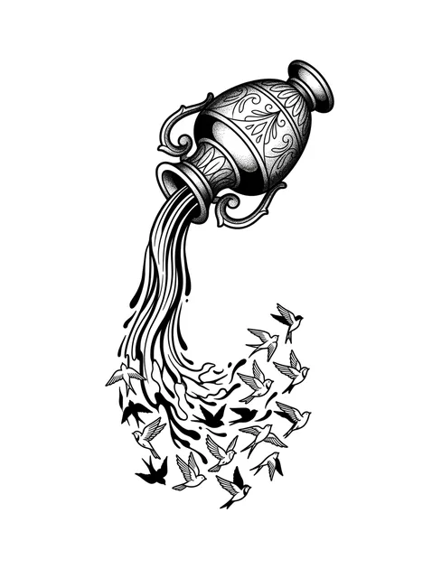 Black and grey illustrative aquarius and bird tattoo design