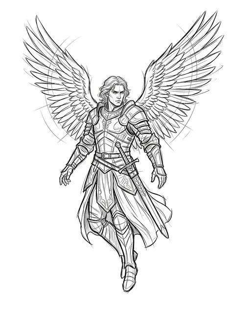 Black and grey illustrative sword and archangel tattoo design