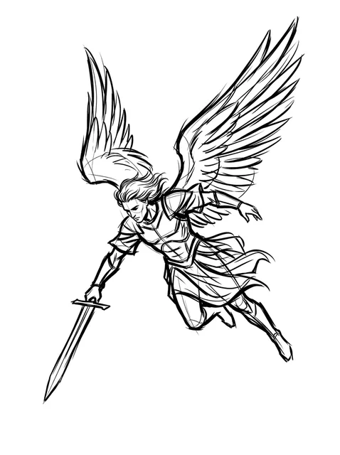 Black and grey illustrative sword and archangel tattoo design: an angel in flight, holding a sword