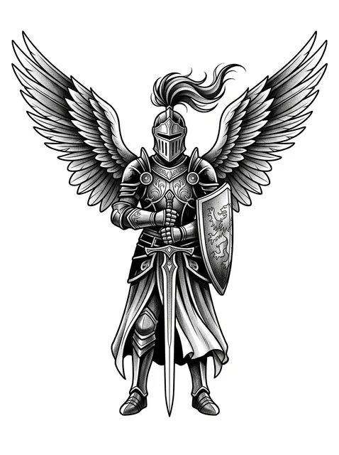 Black and grey illustrative sword and archangel tattoo design