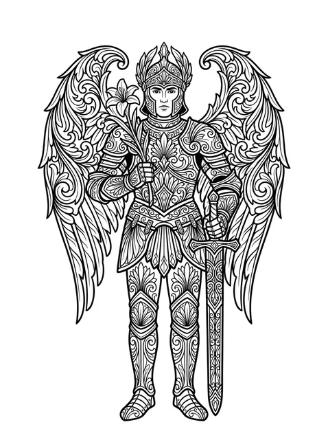 Black and grey illustrative sword and archangel tattoo design