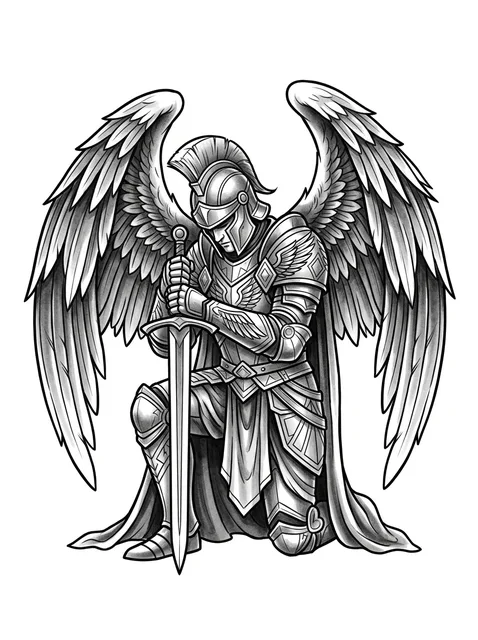 Black and grey illustrative sword and archangel tattoo design