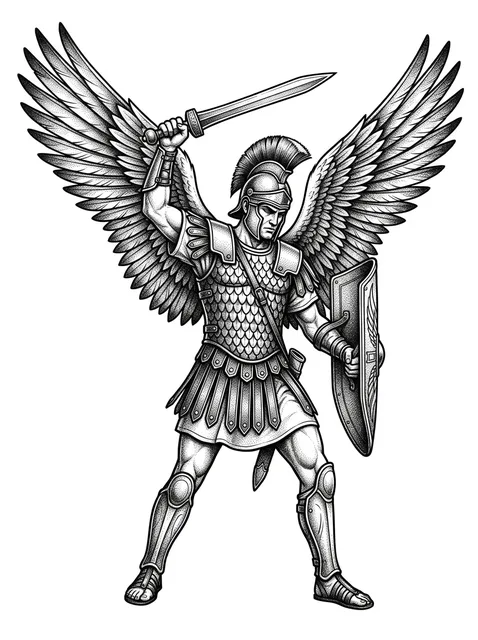 Black and grey illustrative sword and archangel tattoo design