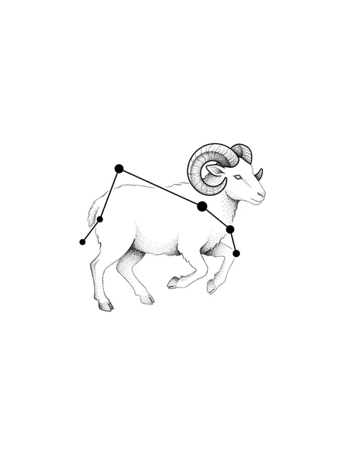 Black and grey illustrative aries and constellation tattoo design: the Aries zodiac sign