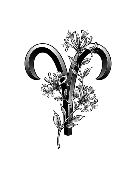 Black and grey illustrative aries and flower tattoo design
