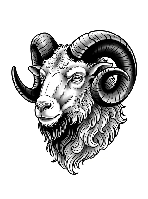 Black and grey illustrative aries and goat tattoo design: the head of a ram
