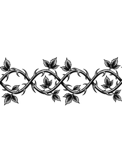 Black and grey illustrative armband and vine tattoo design