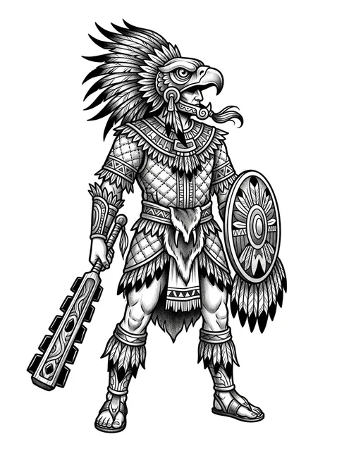 Black and grey illustrative aztec and eagle tattoo design: an Aztec eagle warrior in full regalia