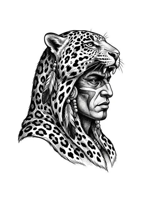 Black and grey illustrative aztec and panther tattoo design