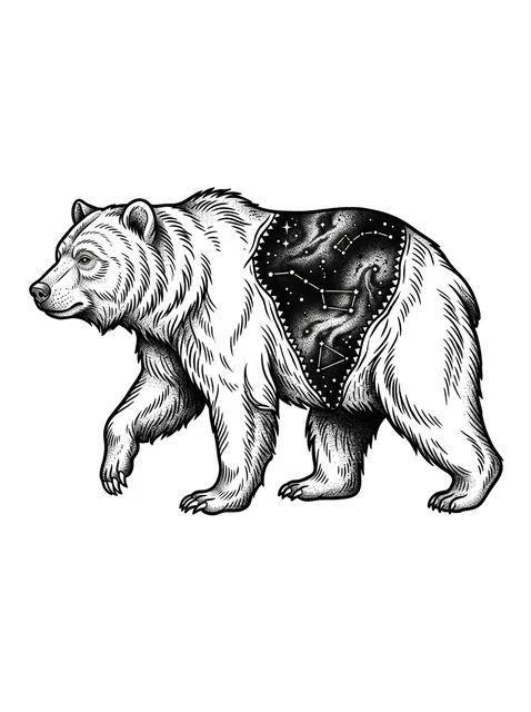 Black and grey illustrative bear and constellation tattoo design
