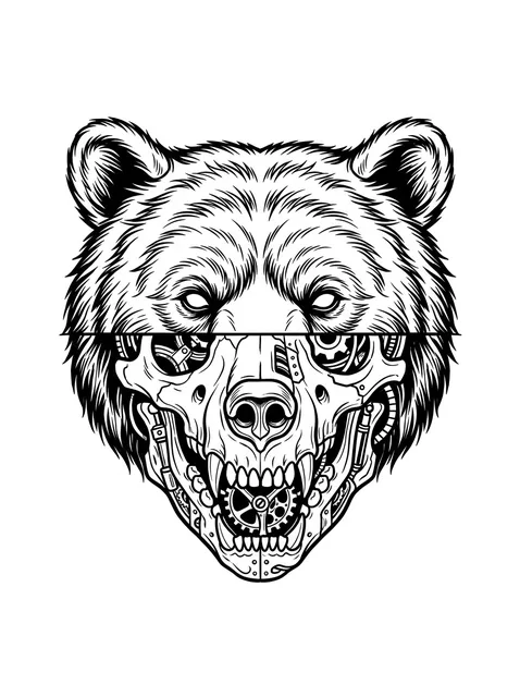 Black and white illustrative bear and skull tattoo design