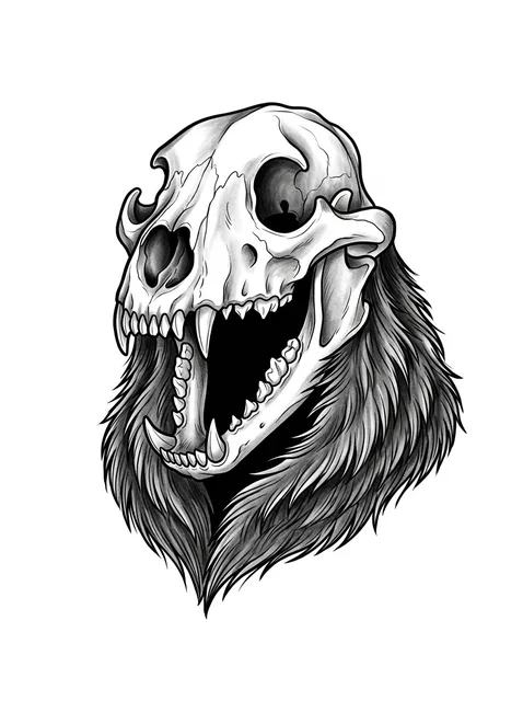 Black and grey illustrative bear and skull tattoo design: a bear skull with an open jaw