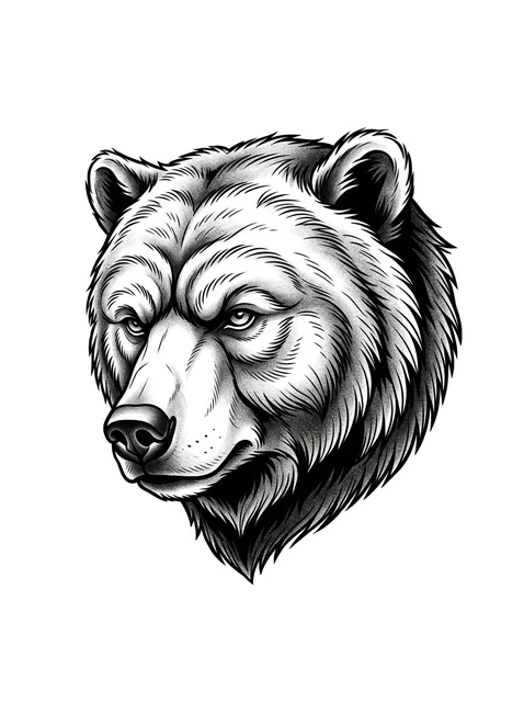 Black and grey illustrative bear tattoo design: a bear's head