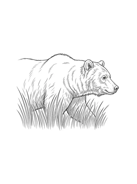 Black and grey illustrative bear tattoo design: a bear walking through tall grass