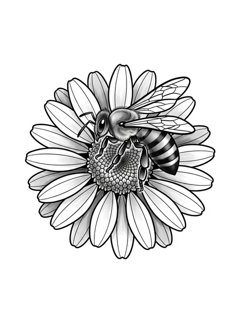 Black and grey illustrative bee and daisy tattoo design: a bee resting on a daisy