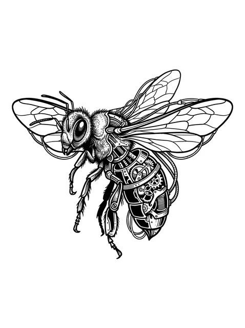 Black and grey illustrative bee tattoo design: a steampunk-inspired bee in flight