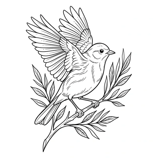 Black and grey illustrative bird and leaf tattoo design