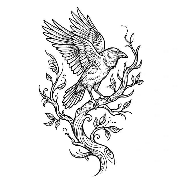 illustrative Bird tattoo design, black and grey