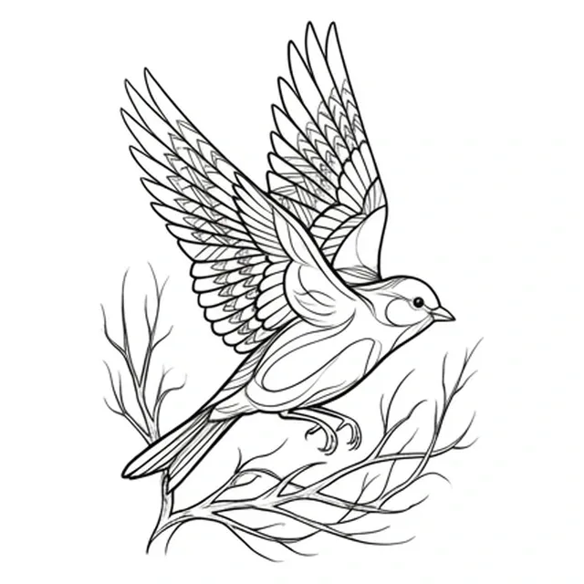 Black and grey illustrative bird and leaf tattoo design