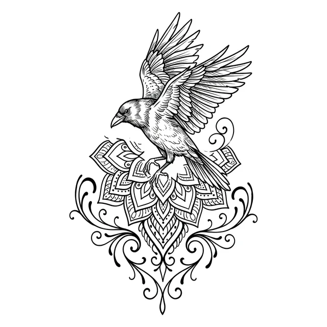 Black and white illustrative bird and mandala tattoo design