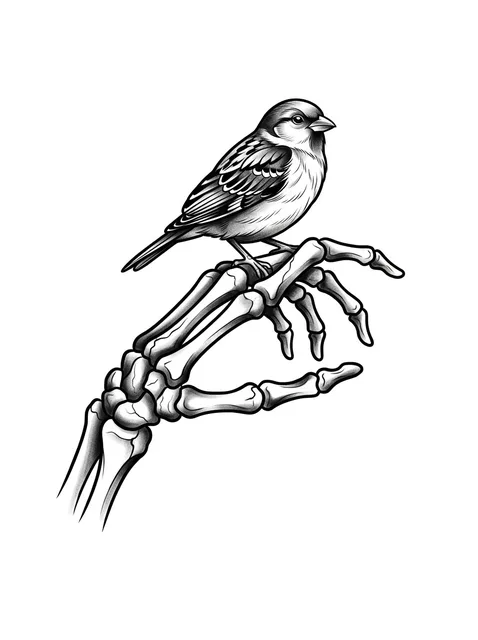 Black and grey illustrative skeleton hand and bird tattoo design