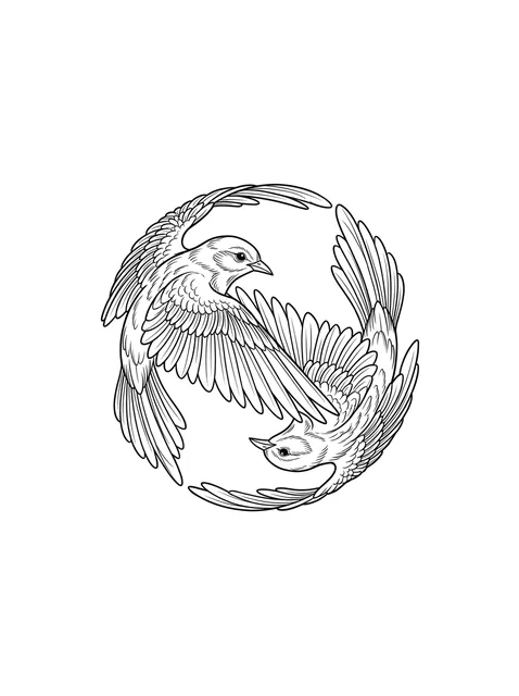 Black and white illustrative yin yang and bird tattoo design