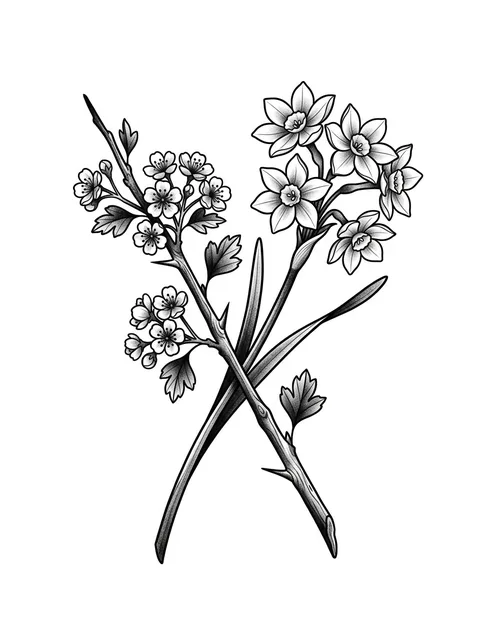 Black and grey illustrative birth flower and hawthorn tattoo design