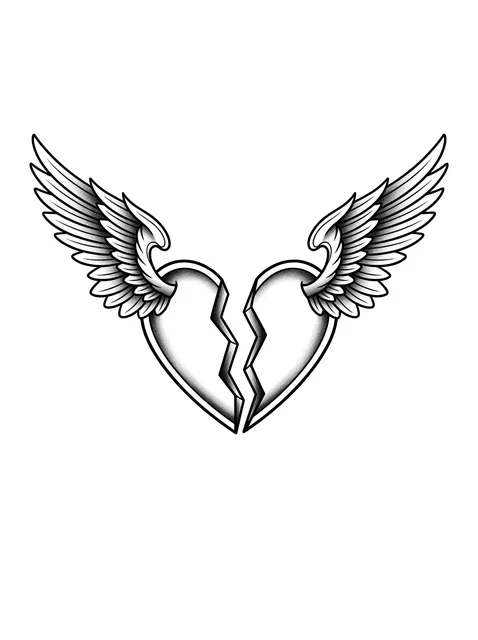 Black and grey illustrative broken heart and angel wings tattoo design
