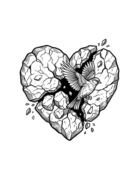 Black and grey illustrative broken heart and bird tattoo design