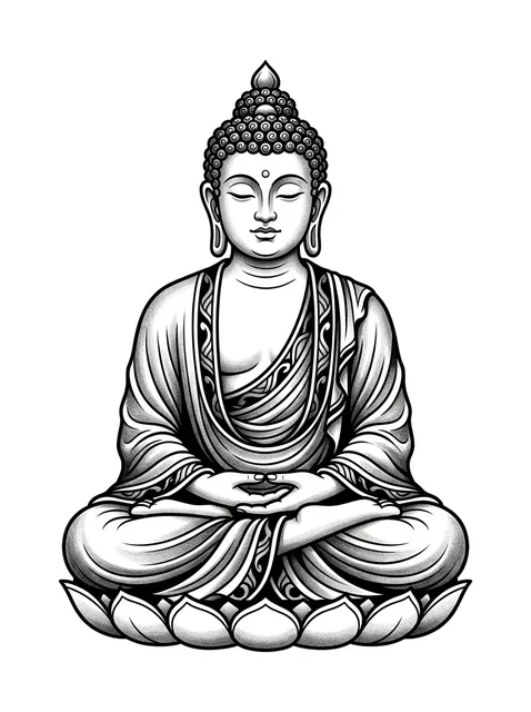 Black and grey illustrative buddha and lotus tattoo design