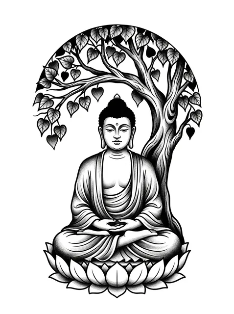 Black and grey illustrative buddha and tree tattoo design