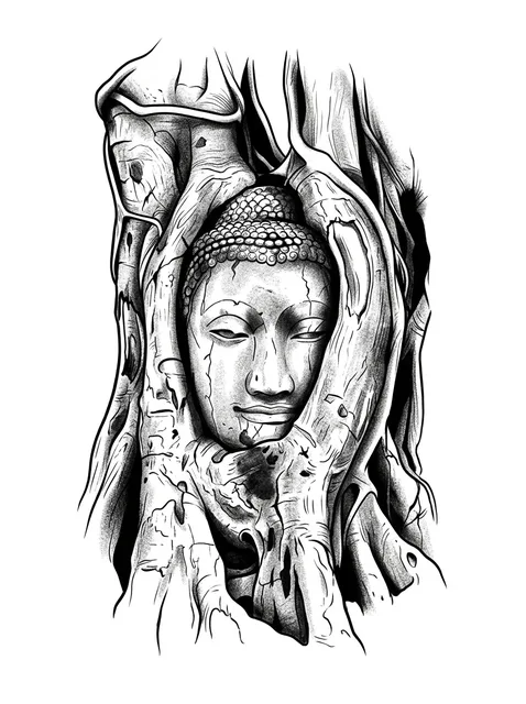 Black and grey illustrative buddha and tree tattoo design