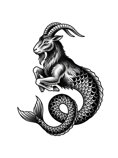 Black and grey illustrative capricorn and goat tattoo design