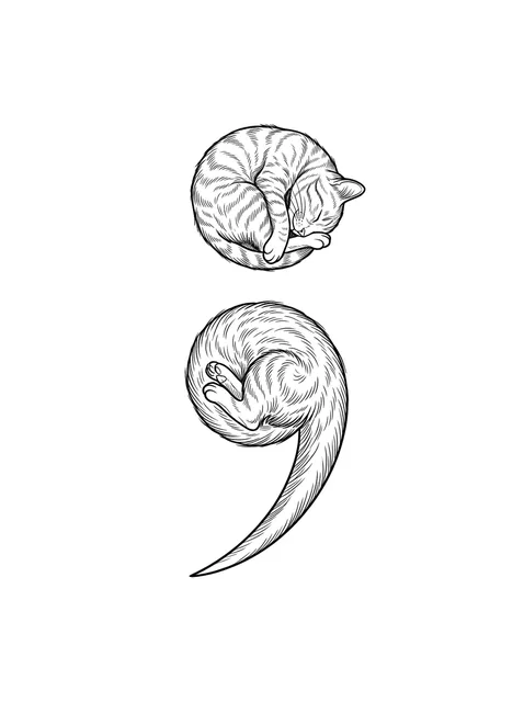 Black and white illustrative cat and semicolon tattoo design: two sleeping cats forming a semicolon