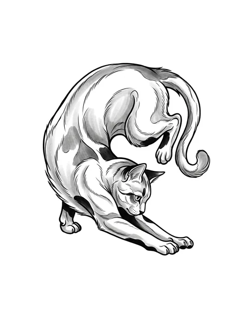 Black and grey illustrative cat tattoo design: a cat in a deep stretching pose