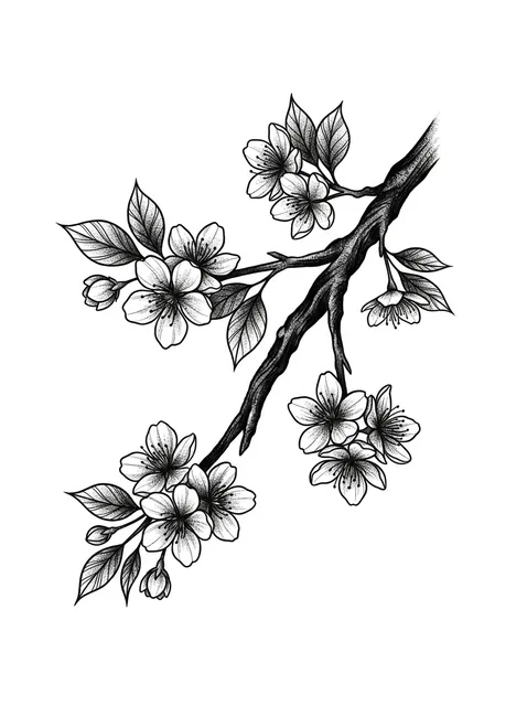 Black and grey illustrative cherry blossom and flower tattoo design: a branch of cherry blossoms