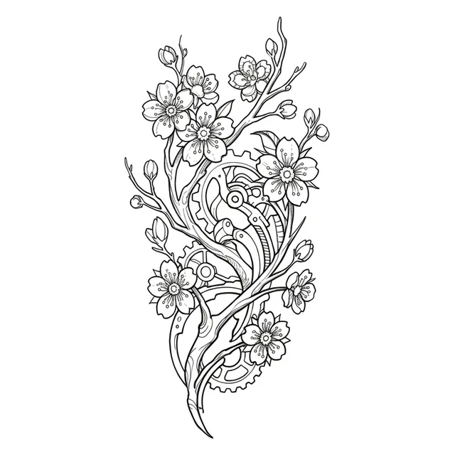 illustrative Cherry Blossom tattoo design, black and grey