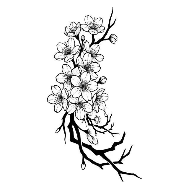 illustrative Cherry Blossom tattoo design, black and grey