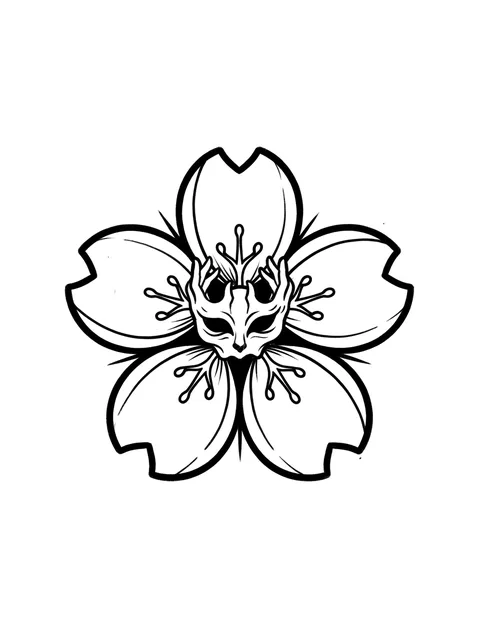 Black and white illustrative skull and cherry blossom tattoo design