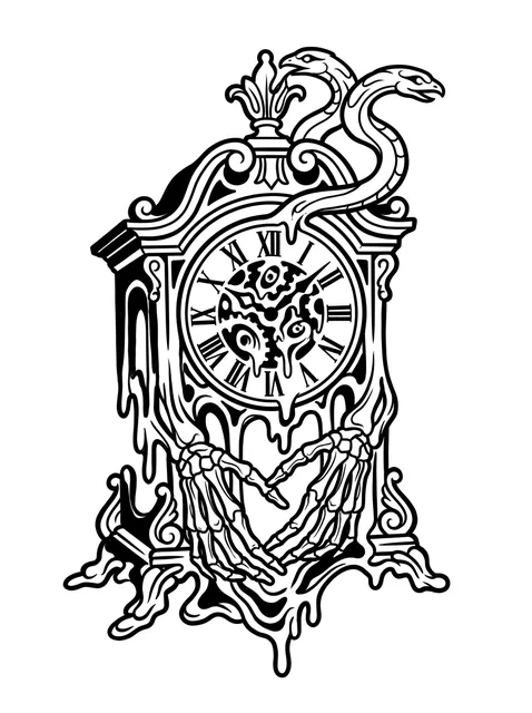 Black and grey illustrative snake and clock tattoo design
