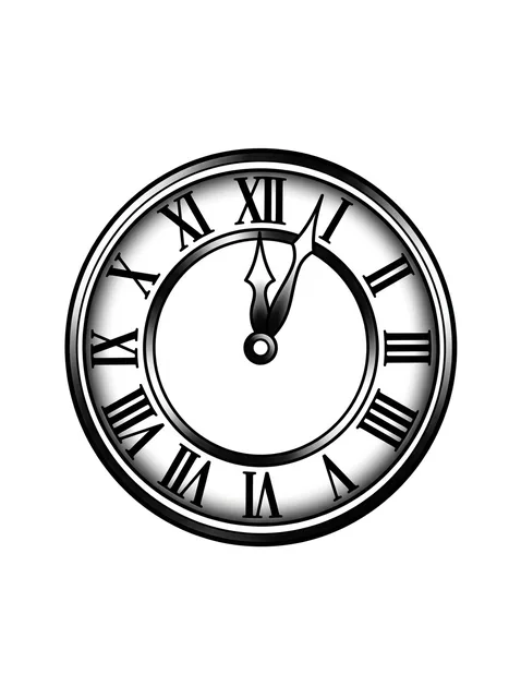 Black and grey illustrative clock tattoo design: a clock face with Roman numerals