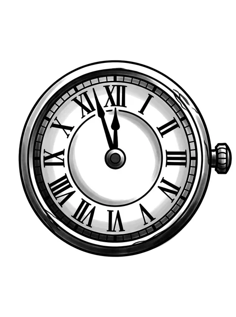 Black and grey illustrative clock tattoo design: a clean, bold outline