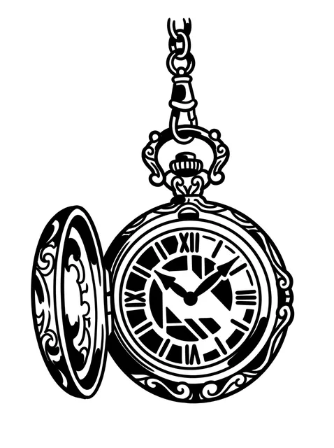 Black and white illustrative clock tattoo design: an open pocket watch, hanging from a chain