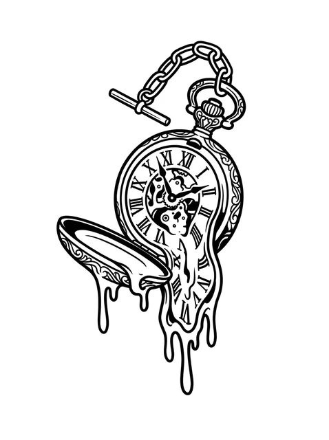 Black and white illustrative clock tattoo design: a melting pocket watch with Roman numerals
