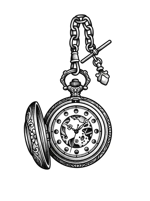 illustrative Clock tattoo design, black and grey