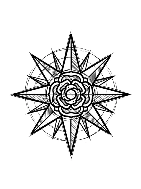 Black and grey illustrative rose and compass tattoo design