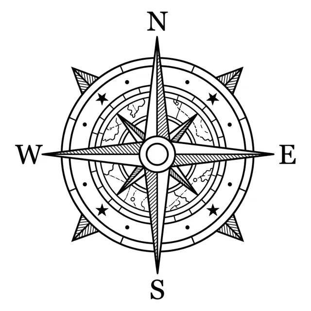 Black and grey illustrative compass tattoo design: a classic compass rose