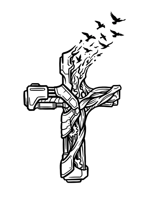 Black and grey illustrative bird and cross tattoo design